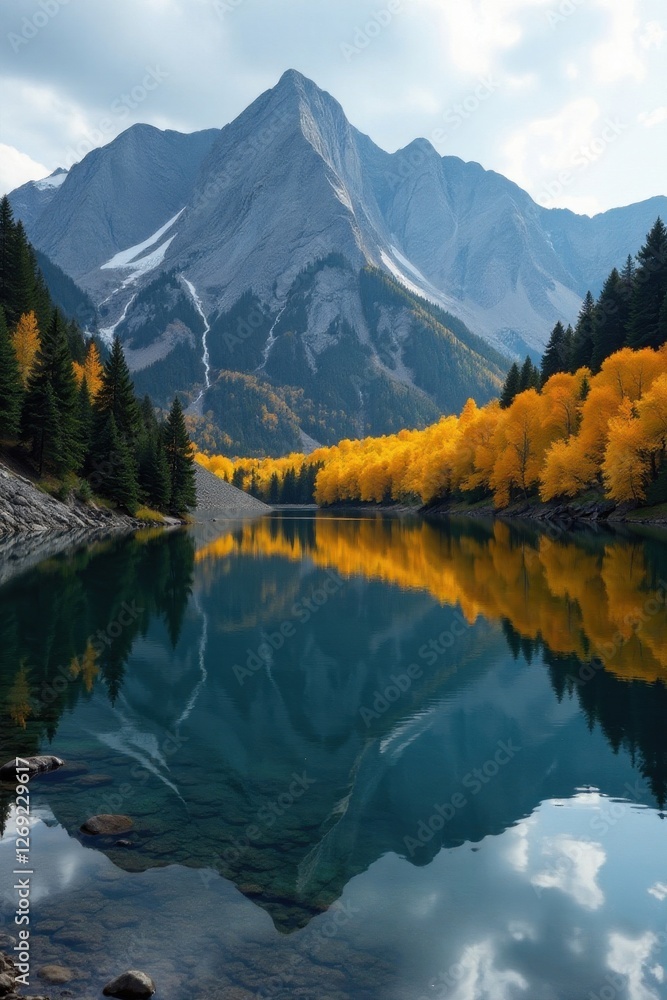 Obraz premium Golden larches line a high alpine lake reflecting fall colors , reflection, yellow, blue sky