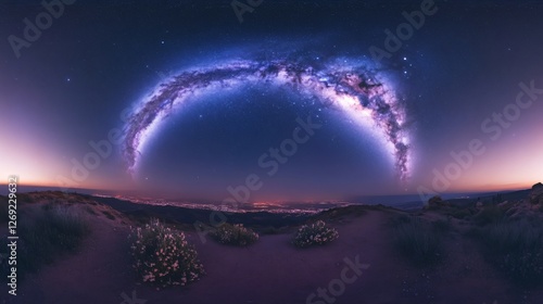 High-Resolution Image of Milky Way Galaxy with Radiant Arms Glowing in Shades of Purple White and Blue
