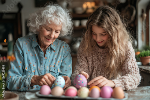 grandmother and granddaughter with easter eggs