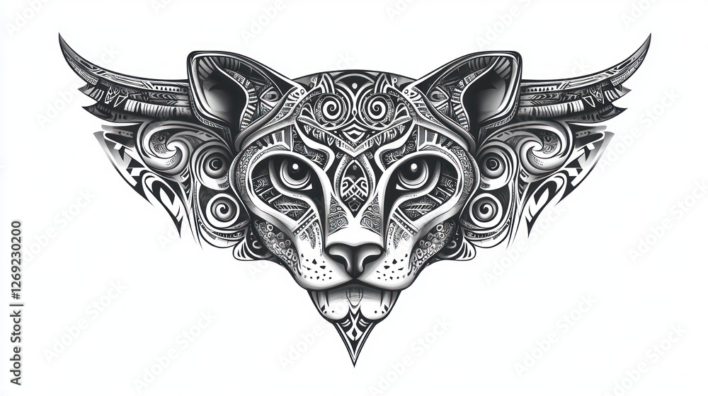 Fototapeta premium Ornate Cheetah head with wings for tattoo or t-shirt design. Monochrome drawing on white background