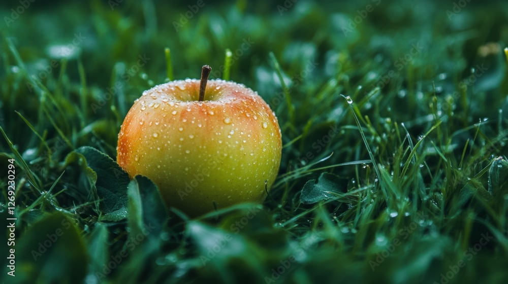 A Dew-Kissed Apple on Lush Green Grass A Dew-Kissed Apple on Lush Green Grass