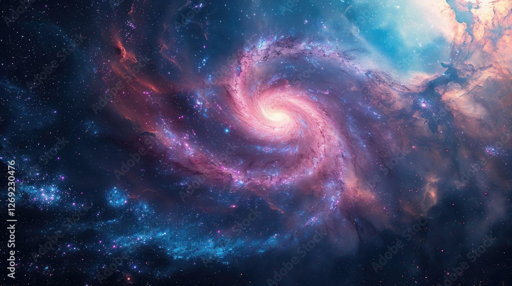 Fototapeta premium The universe stretches out before us from space, revealing a spiral galaxy at the center of a swirling sea of stars and nebulae.