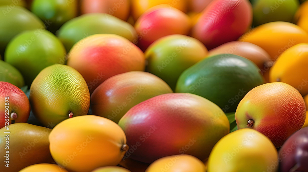 Close-up of fresh and juicy Mango in various colors neatly arranged, showing the natural beauty and diversity of the fruit Close-up of fresh and juicy Mango in various colors neatly arranged, showing the natural beauty and diversity of the fruit
