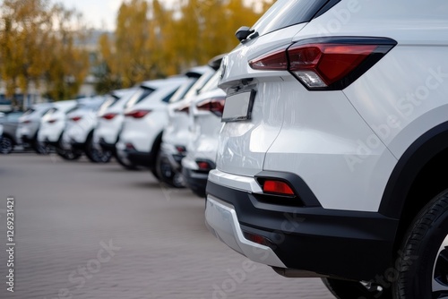 Row of white SUV's are lined up in a parking lot, close up of the vehicles back ends