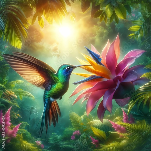 Honeybirds or hummingbirds fly and eat flower nectar,Generative AI photo