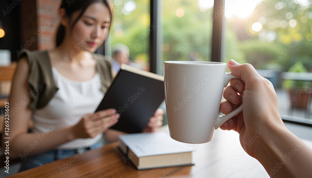 Woman reading book & coffee - relaxing time at cafe Woman reading book & coffee - relaxing time at cafe