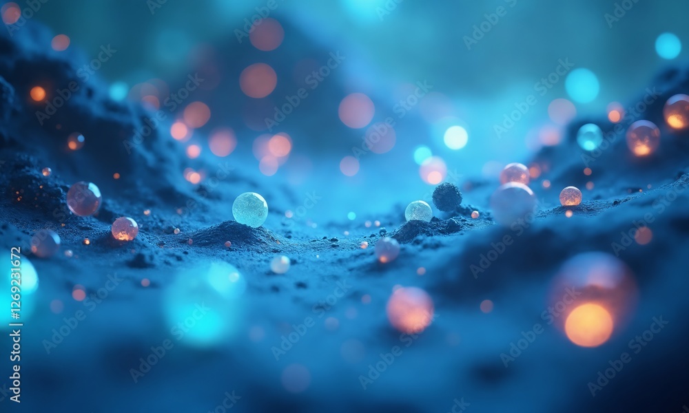 A close-up view of a futuristic molecular landscape, where glowing molecules and liquid-like atomic structures hover in a gradient blue environment with a dreamy blur. A close-up view of a futuristic molecular landscape, where glowing molecules and liquid-like atomic structures hover in a gradient blue environment with a dreamy blur.