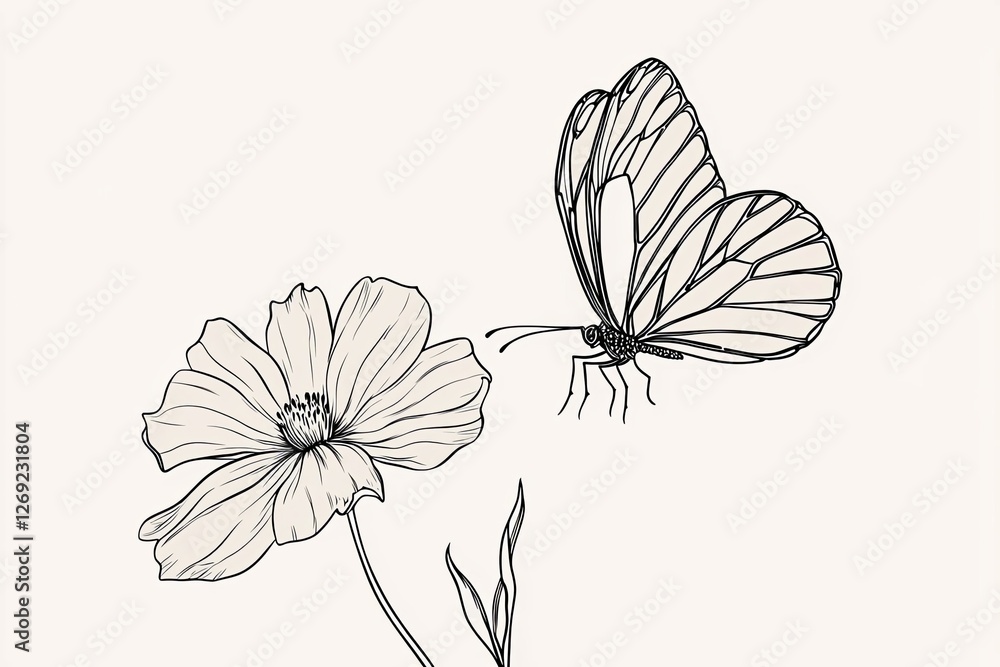 Fototapeta premium Simple outlined butterfly flying over a flower.