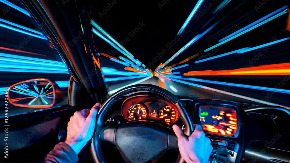 First-person view from driver's seat reveals glowing instruments and light trails. Car dashboard emits warm orange glow while surrounding traffic creates ethereal blue streaks First-person view from driver's seat reveals glowing instruments and light trails. Car dashboard emits warm orange glow while surrounding traffic creates ethereal blue streaks