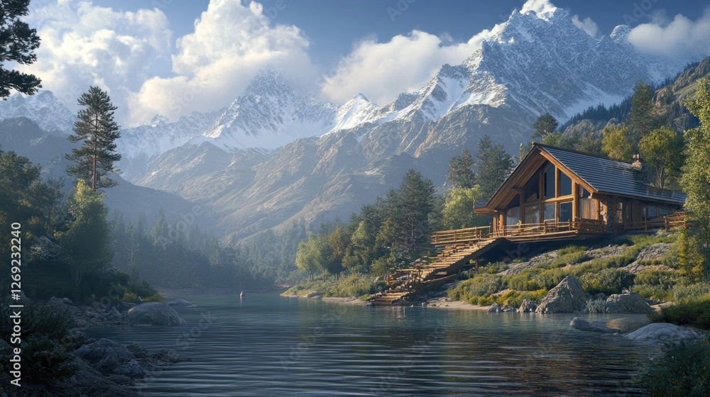 Fototapeta premium Serene Mountain Cabin by a Tranquil Lake: A Digital Painting of a Peaceful Escape
