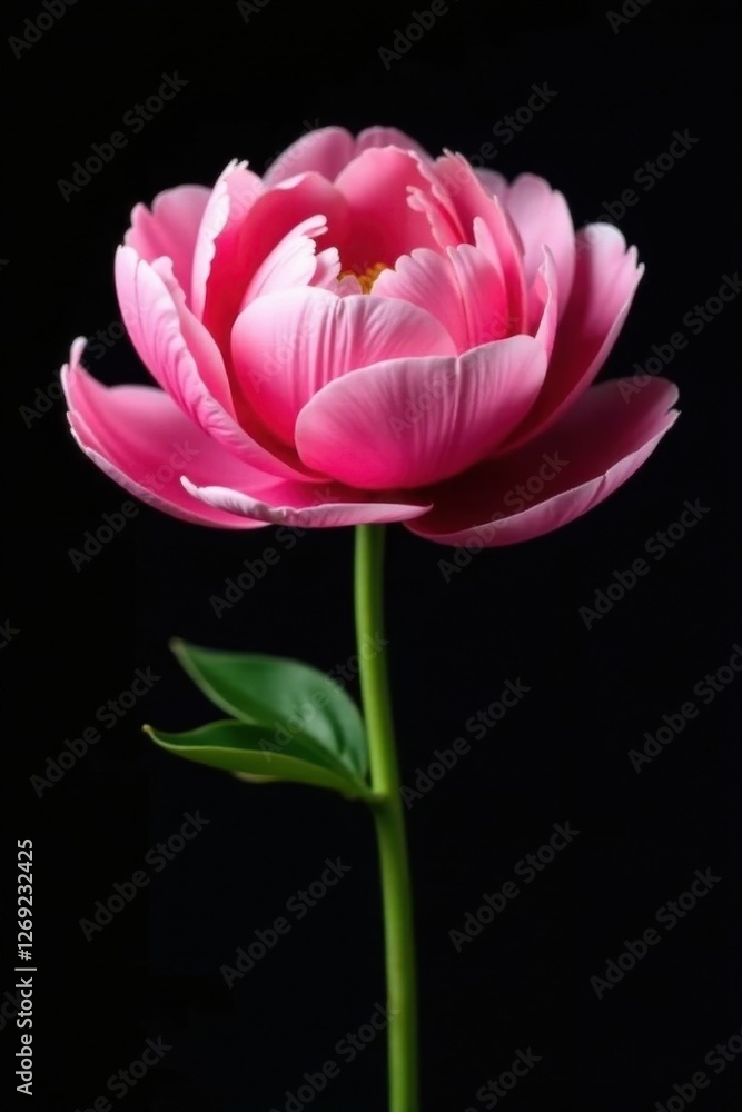 Obraz premium Single pink peony, velvety texture, dramatic black background, contrast, isolated