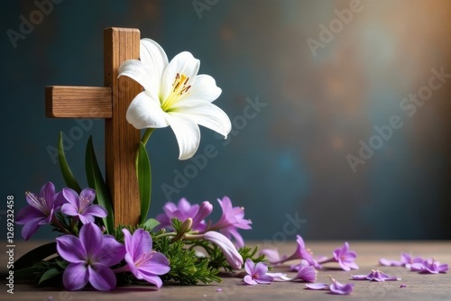 Single white lily before wooden cross, purple blooms surround , blossom, spiritual, beauty