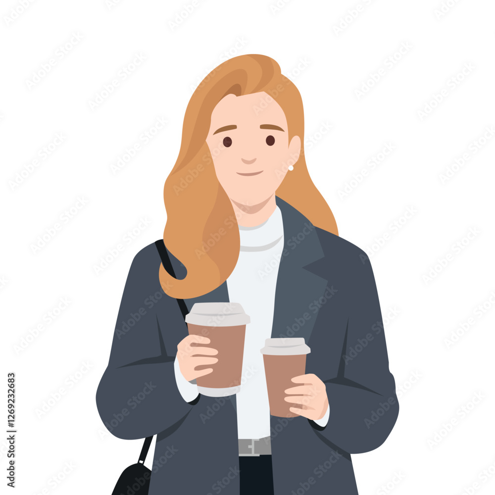 Business woman carrying two takeaway coffee cups while exuding confidence and warmth. Flat vector illustration isolated on white background Business woman carrying two takeaway coffee cups while exuding confidence and warmth. Flat vector illustration isolated on white background
