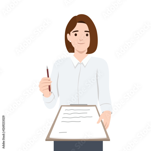 Professional woman holding a clipboard and a pen, asking for an autograph. Flat vector illustration isolated on white background