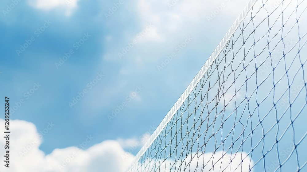 Yellow colored summer games ball against blue sky, beach volleyball or tennis net background for sport events, with ample copy space for branding, promotion, or event advertisements Yellow colored summer games ball against blue sky, beach volleyball or tennis net background for sport events, with ample copy space for branding, promotion, or event advertisements