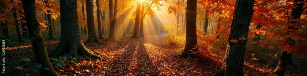 Sunlit autumn leaves in Aarhus forest from above, nature, vibrant Sunlit autumn leaves in Aarhus forest from above, nature, vibrant