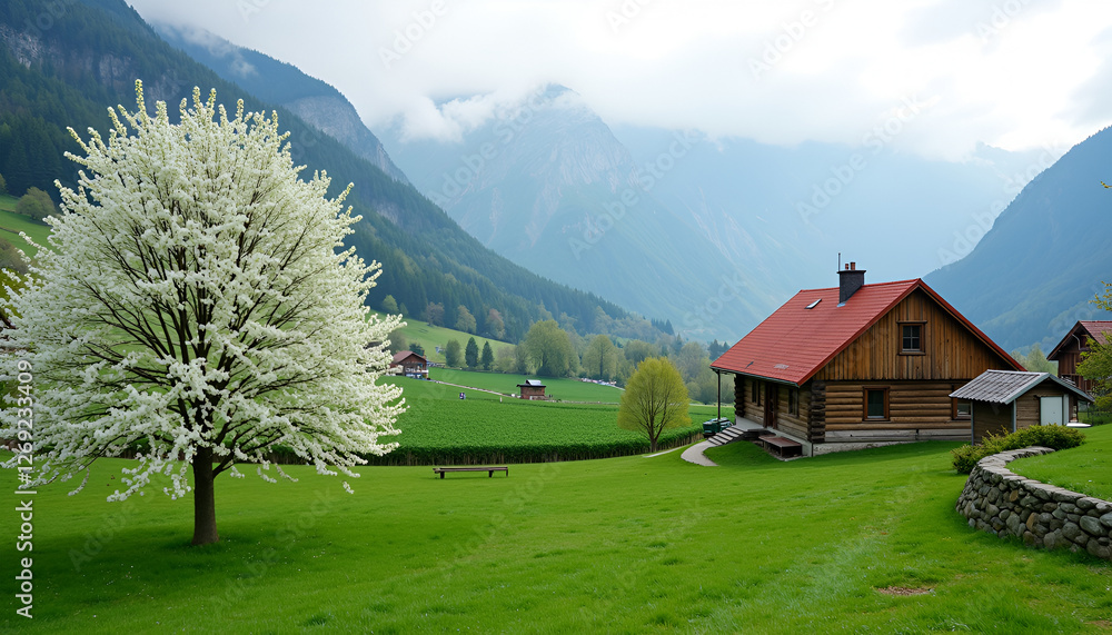 Mountain house with blossom tree - idyllic alpine countryside Mountain house with blossom tree - idyllic alpine countryside