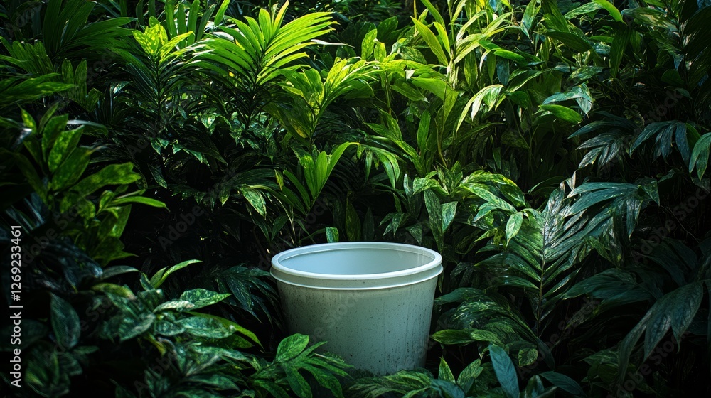 A Plastic Container Nestled in Vibrant Greenery A Plastic Container Nestled in Vibrant Greenery