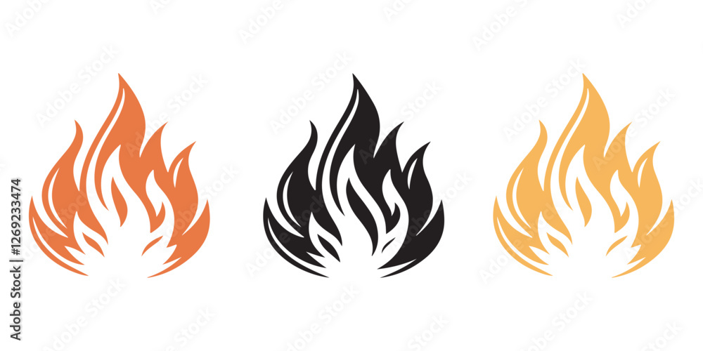 Vector illustration of fire flames icons set in different colors, abstract burning flame symbol for hot, heat, flammable warning, safety hazard, fire design elements for logo and branding Vector illustration of fire flames icons set in different colors, abstract burning flame symbol for hot, heat, flammable warning, safety hazard, fire design elements for logo and branding