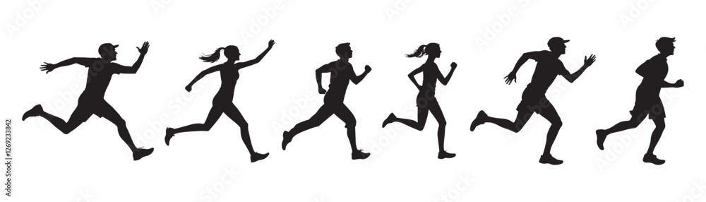 Silhouettes of running people including men and women in motion representing fitness, marathon, sprint, athletic training, speed, competition, cardio exercise, healthy lifestyle