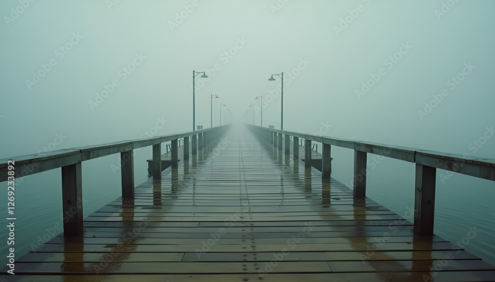 Foggy pier extending into the misty water with soft lighting, eerie and calm atmosphere Foggy pier extending into the misty water with soft lighting, eerie and calm atmosphere
