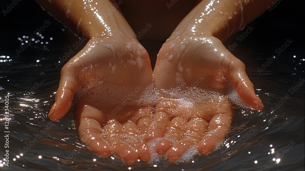 Fototapeta premium Gentle hands cupping water with soap bubbles, showcasing the beauty of nature and human touch in a serene setting