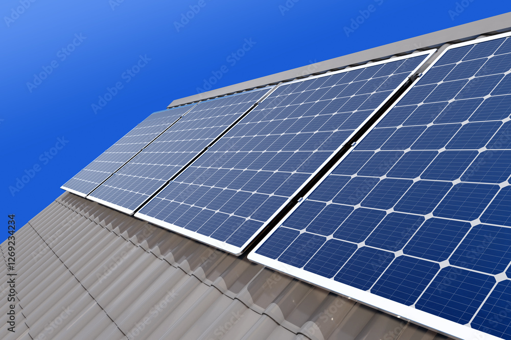 Solar panels are installed on a metal roof under a clear blue sky. The system harnesses renewable energy to generate electricity for sustainable and eco-friendly living. 3d image