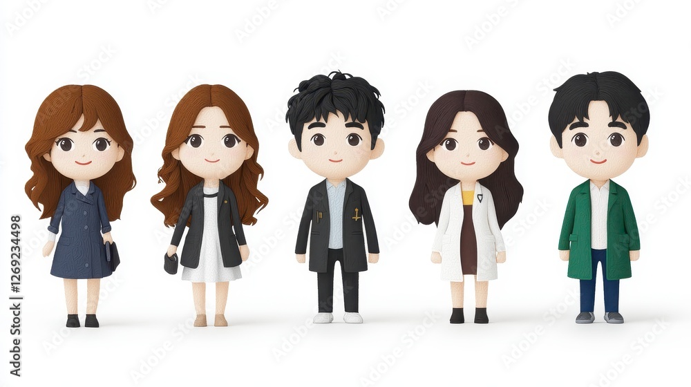 Five Pixelated Characters in Various Outfits Against White Background Five Pixelated Characters in Various Outfits Against White Background