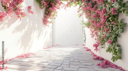 Serene Pathway Surrounded by Bougainvillea Flowers in Bright Light photo