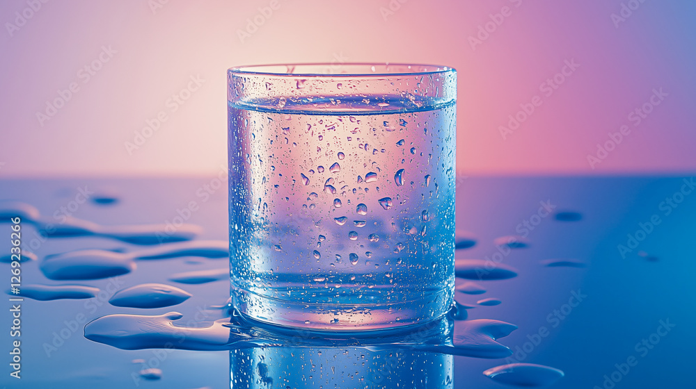 Glass of fresh water with condensation droplets on reflective surface, illuminated by soft pink and blue gradient lighting, representing freshness, hydration, and purity concept Glass of fresh water with condensation droplets on reflective surface, illuminated by soft pink and blue gradient lighting, representing freshness, hydration, and purity concept