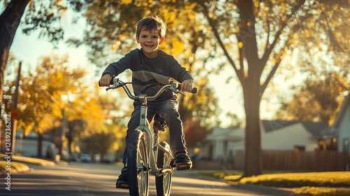 Fototapeta Naklejka Na Ścianę i Meble -  A boy riding a bicycle together in the park during autumn