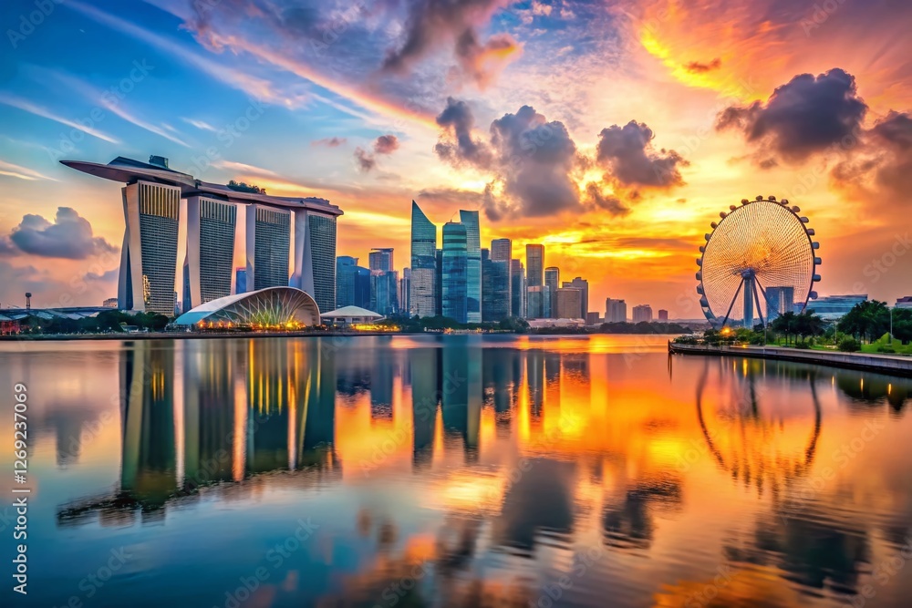 Naklejka premium Stunning Panoramic View of Singapore Marina Bay Skyline at Sunset