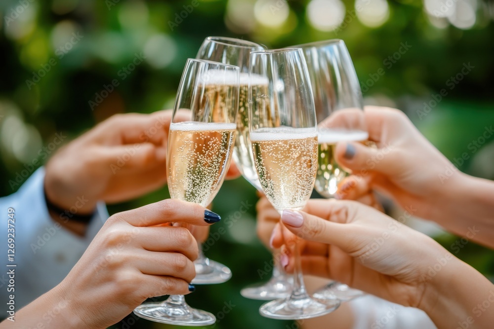 Celebrating with champagne flutes clinking together in a toast amidst a lush outdoor setting Celebrating with champagne flutes clinking together in a toast amidst a lush outdoor setting
