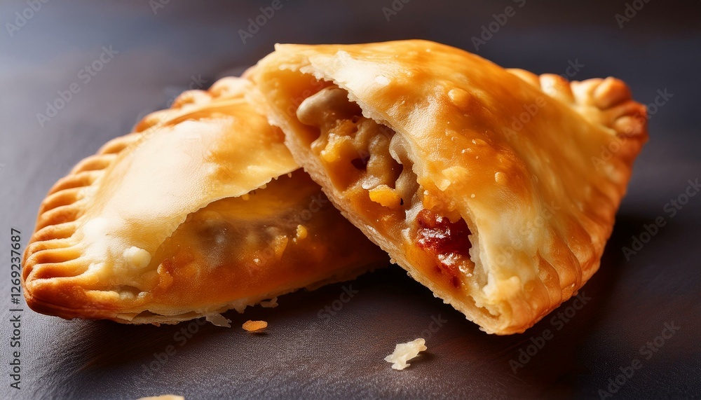 Generated image Close-up of a bitten empanada showing the savory filling Generated image Close-up of a bitten empanada showing the savory filling