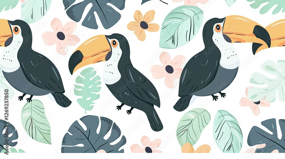 Fototapeta premium Cute cartoon pattern with toucans, leaves, and flowers on a white background