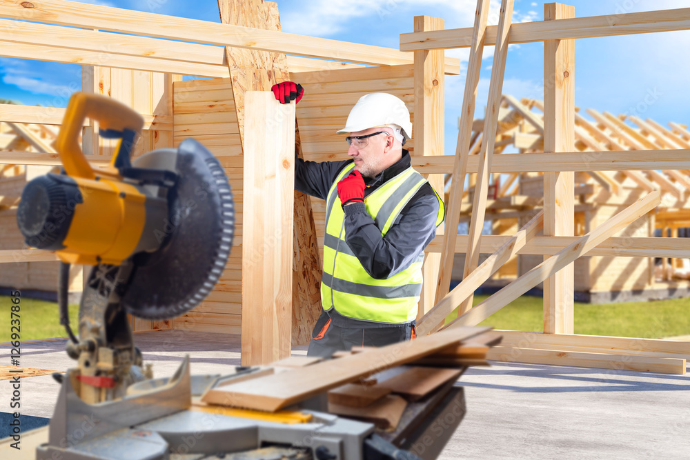 Man builder of half-timbered house. Stationary circular saw near worker. Builder with board in his hand scratches his chin. Man near frame of wooden house under construction. Half-timbered technology Man builder of half-timbered house. Stationary circular saw near worker. Builder with board in his hand scratches his chin. Man near frame of wooden house under construction. Half-timbered technology