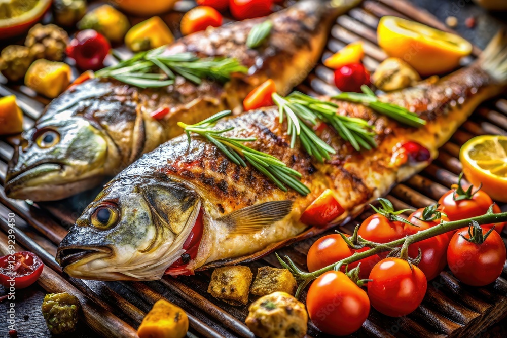 Macro lens reveals the succulent grill marks on fish and vegetables, a feast for the eyes. Macro lens reveals the succulent grill marks on fish and vegetables, a feast for the eyes.
