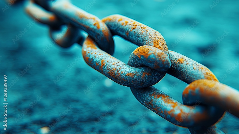 Rusty metal chain links lying on a textured surface in turquoise hues showcasing weathered details and unique patterns Rusty metal chain links lying on a textured surface in turquoise hues showcasing weathered details and unique patterns
