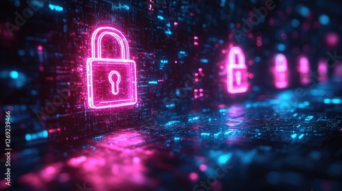 Wallpaper Mural A digital representation of padlock icons in neon colors, symbolizing cybersecurity. Torontodigital.ca