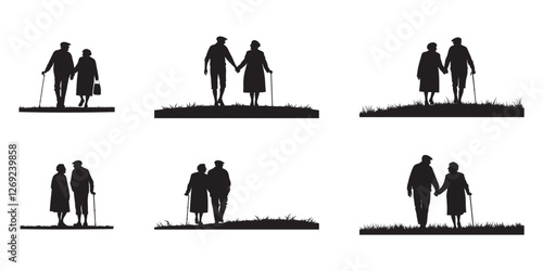 couple walking together silhouette old man with cane and old woman holding hands senior citizens love aged people retirement concept vintage black vector illustration