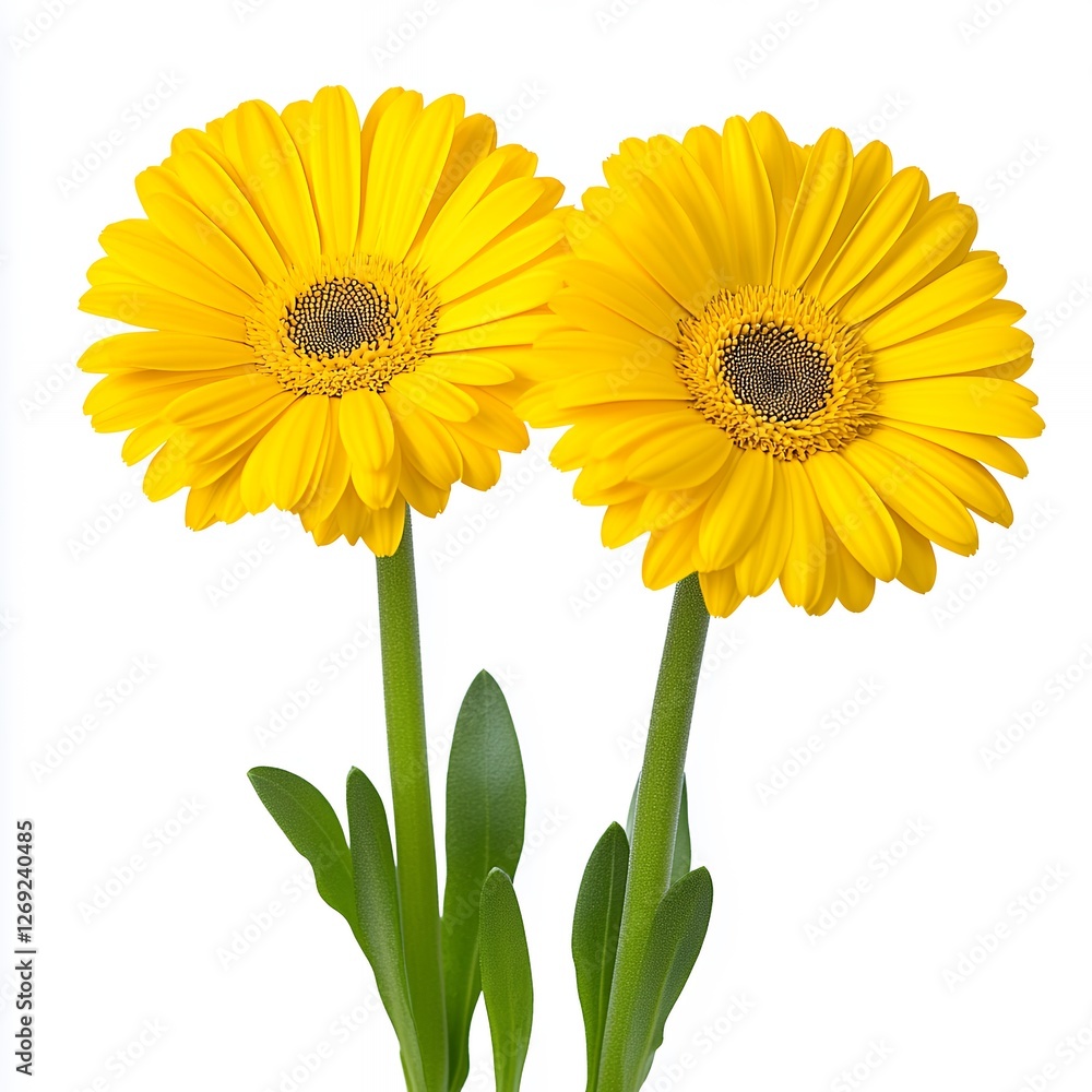 Naklejka premium Two Bright Yellow Gerbera Daisies Against White Background