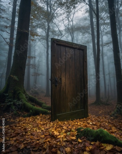 A hidden wooden door stands alone in the middle of a dense, fog-covered forest, slightly ajar with a soft golden light spilling from within photo