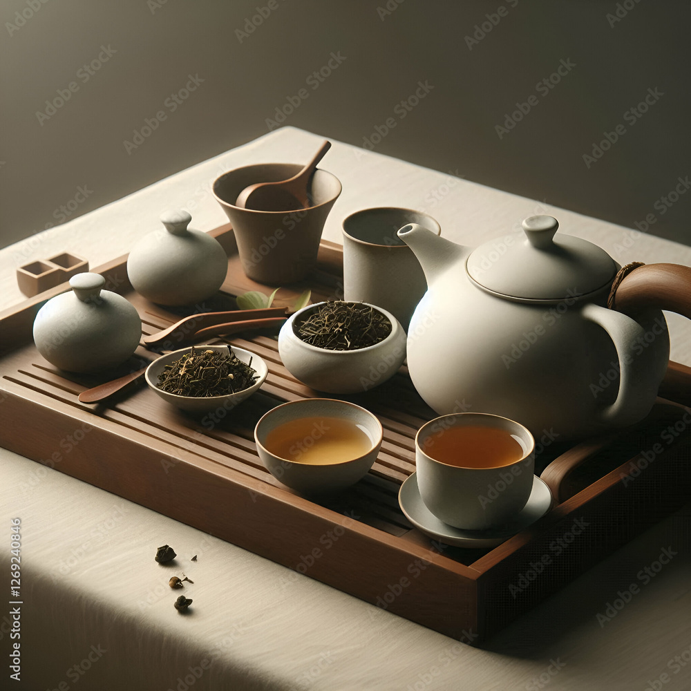 Obraz premium Elegant Traditional Tea Ceremony Setup on Wooden Tray with Ceramic Teaware