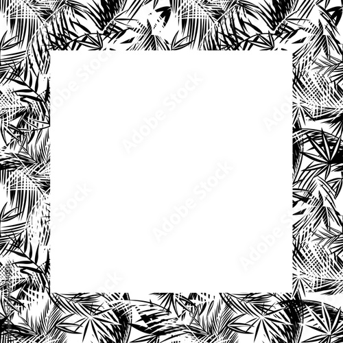 Monochrome square frame for greetings card, boutique logo, signboard, menu, postcard or photo frame with tropical floral pattern.eps