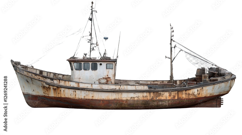 Naklejka premium Rustic Fishing Boat: A weathered fishing boat, exuding a sense of maritime history. Its aged structure hints at countless voyages across the open sea, evoking feelings of adventure and exploration.