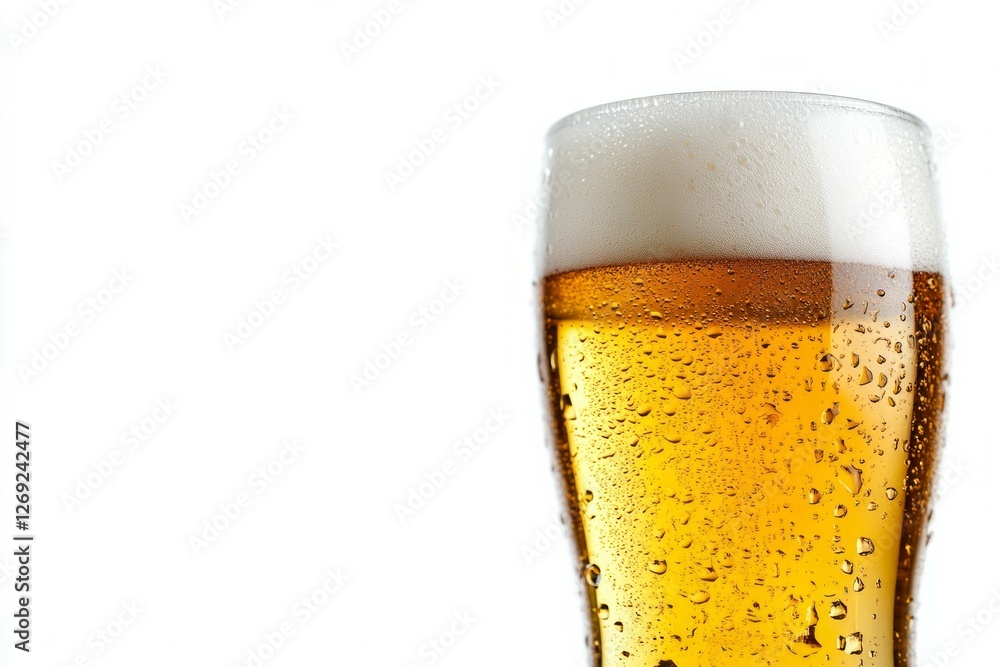 Tall beer glass with foamy head on white background. Artificial Intelligence Tall beer glass with foamy head on white background. Artificial Intelligence