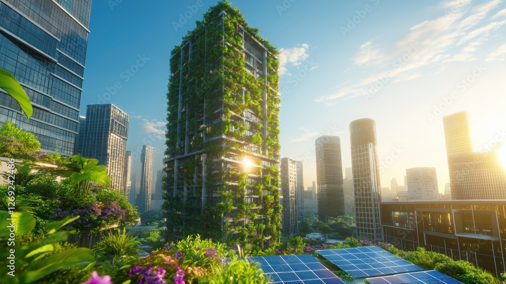 Fototapeta premium Futuristic eco-friendly city with lush greenery and renewable energy solution. Generative AI