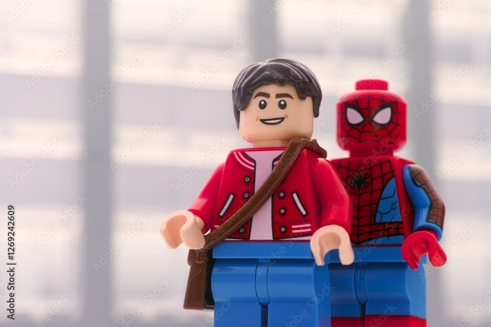 Naklejka premium Tambov, Russian Federation - February 09, 2025 Lego Peter Parker and Spider-Man minifigures standing in front of an office building