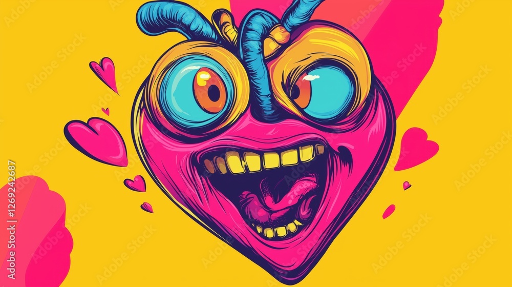 Cartoon heart with playful expression, vibrant mood, yellow background and funky details Cartoon heart with playful expression, vibrant mood, yellow background and funky details