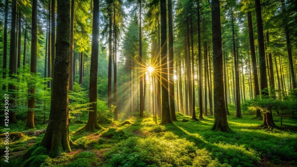 Fototapeta premium Sun-Dappled Evergreen Forest: Lush Wilderness Greenery Stock Photo